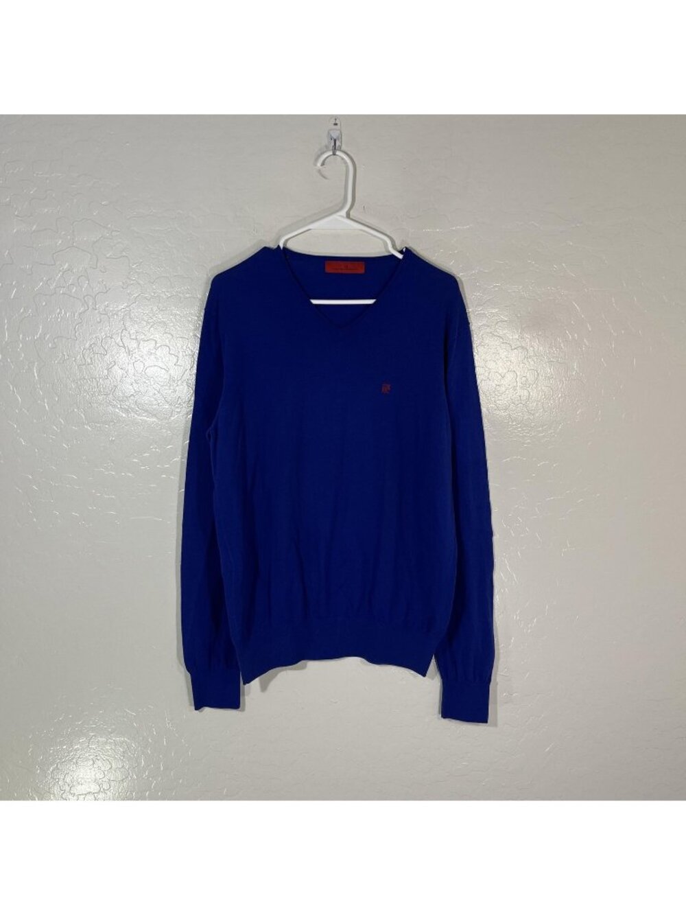 Carolina Herrera Sweater Mens Large Blue 100% Cotton V Neck Logo Knit Pullover - Picture 1 of 9